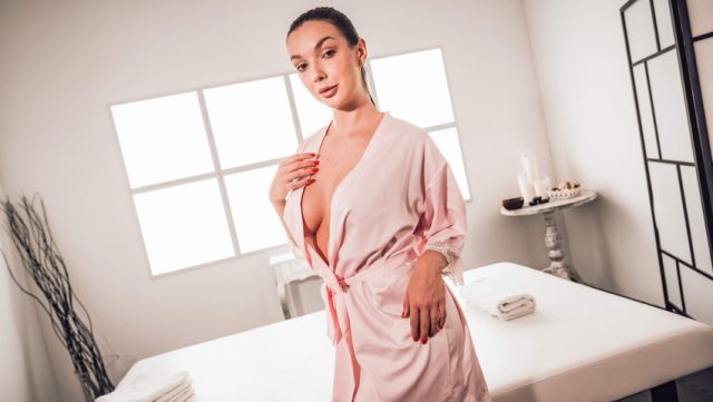 Czech beauty gets a sensual rubdown and a creamy finish on her chest