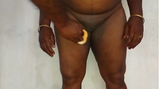 Desi Indian wife in blue saree reveals big tits and shaved pussy, rubbing and pressing hard for a steamy solo session