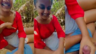 Naughty girlfriend pleasures her man with a public handjob under the open sky