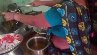 Indian housewife gets naughty with boyfriend while cooking, hot kitchen action.